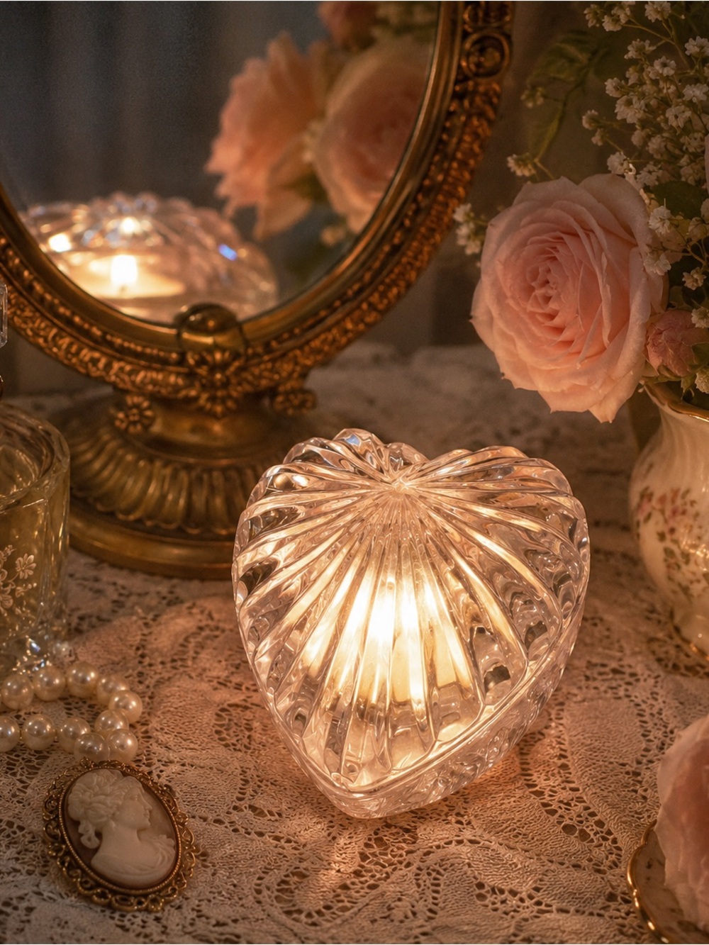 Vint.Heart Shaped Glass Trinket Box Fairy Lamp | Clear Pressed Glass Cottagecore
